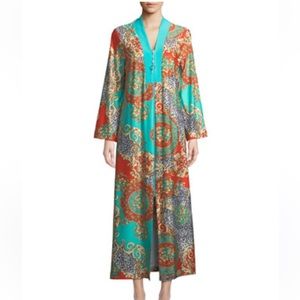 Diamond Tea Gown Aqua printed caftan with a bead-embellished zipper pull *NWT*